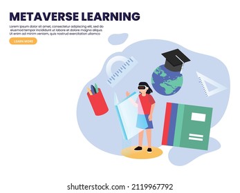 Metaverse vector concept. Young woman wearing a VR glasses while studying in the metaverse