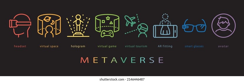 Metaverse vector icon set. neon color on black background.