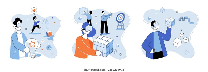 Ilustración vectorial metaversa. La realidad aumentada mejora nuestro mundo de percepción al colocar elementos digitales sobre la realidad VR Virtual Reality la tecnología transporta a los usuarios a entornos simulados