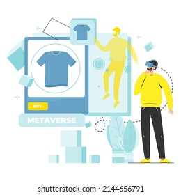 Metaverse vector. Man wearing vr headset buy NFT digital assets for character in virtual world illustration. Blockchain and non fungible token