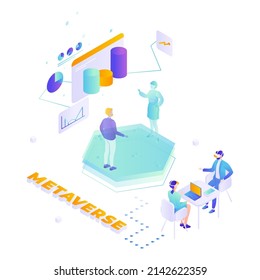 Metaverse vector. Virtual reality business workplace visualization. Businessman explore 3D graph chart. VR technology for smart analysis and better solution