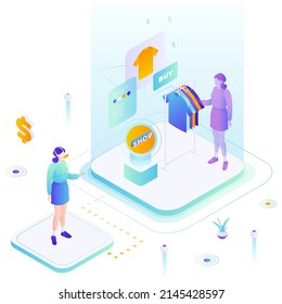 Metaverse vector. Woman wearing vr goggles headset having 3d experience in shopping at virtual shop illustration