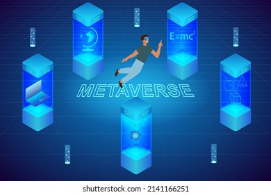 Metaverse virtual education 3d isometric vector illustration concept for banner, website, ads. Young man wearing a VR goggles and learning in the metaverse futuristic world.