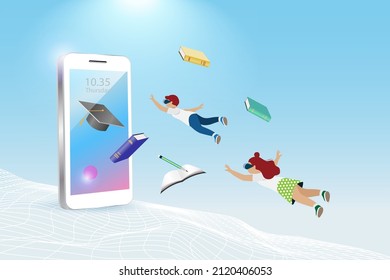 Metaverse virtual  education technology. Kids wear VR goggle glass flying to experience 3D space simulation interface on smart phone screen.