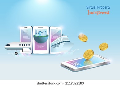 Metaverse virtual land, airplane and cruise ship for sale. 3D luxury property and real estate on smartphone pay by crypto currency. Financial investment technology in augmented reality cyber space.  