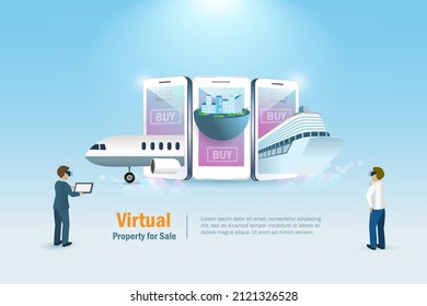 Metaverse virtual tierra, bienes raíces y propiedades en venta. Los hombres de negocios compran aviones de lujo virtuales, cruceros y edificios en la pantalla del teléfono inteligente. Tecnología de inversión financiera en ciberespacio.