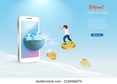 Metaverse virtual land for sale, Futuristic real estate investment, financial technology in VR world. Man riding on crypto coin flying to buy virtual land for sale on smartphone screen.