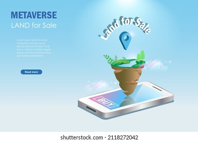 Metaverse Virtual Land For Sale On Smartphone Screen. Virtual Real Estate And Property Investment Technology For Gamer And Digital Investor.