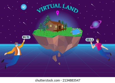 Metaverse Virtual Land for sell and buy. Virtual Reality Land in metaverse cyberspace, futuristic background. Digital property investment technology concept design.