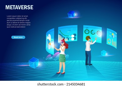 Metaverse Virtual Reality For Analysing Business And Financial Data Visualisation. Businessman And Woman Use AI Analyze 3D Graph Chart On Metaverse Interface Technology To Develop Better Solution.