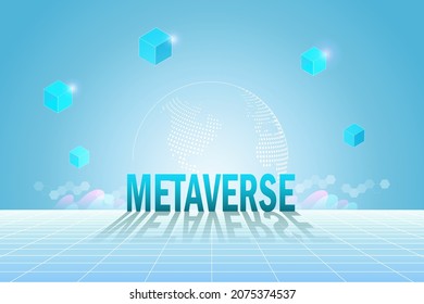 Metaverse, virtual reality, augmented reality and blockchain technology, user interface 3D experience. Word metaverse and world map globe in futuristic environment background.