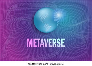 Metaverse, virtual reality, augmented reality and blockchain technology, user interface 3D experience. Word metaverse with world map globe in futuristic environment background.