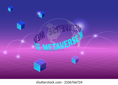 Metaverse, virtual reality, augmented reality and blockchain technology, user interface 3D experience. Word metaverse and world map globe in futuristic universe and space environment background.