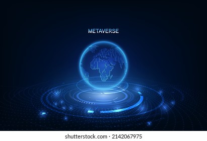 Metaverse, realidad virtual, realidad aumentada y tecnología blockchain, experiencia 3D de interfaz de usuario. Metáveres de palabras con el mundo del mapa en un entorno futurista.