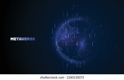 Metaverse, virtual reality, augmented reality and blockchain technology, user interface 3D experience. Word metaverse with world map globe in futuristic environment background.	
