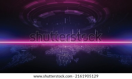 Metaverse, virtual reality, augmented reality and blockchain technology, user interface 3D experience. Word metaverse with world map globe in futuristic environment background.