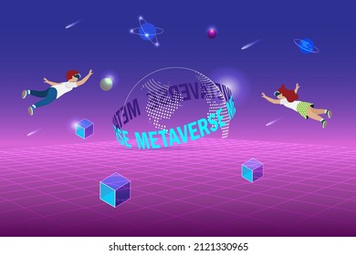 Metaverse, Virtual Reality, Augmented Reality And Education Technology. Kids Flying Experience Metaverse World In Cyber Space Universe Environment.