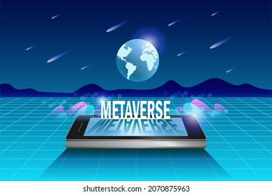 Metaverse, virtual reality and augmented reality technology, user interface 3D experience. Computer generated word metaverse on smart phone in virtual space and universe environment.