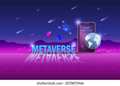 Metaverse, virtual reality and augmented reality technology, user interface 3D experience. Computer generated word metaverse on smart phone in virtual space and universe environment.