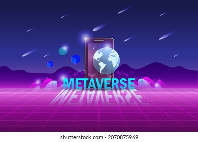 Metaverse, virtual reality and augmented reality technology, user interface 3D experience. Computer generated word metaverse on smart phone in virtual space and universe environment.