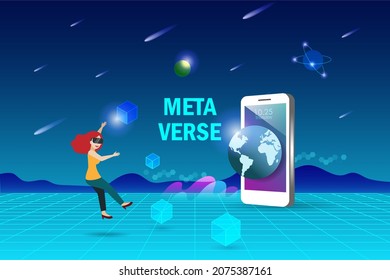 Metaverse, virtual reality and augmented reality technology. Woman wear VR goggle glass experience 3D virtual reality on smartphone with blockchain in space and universe environment interface