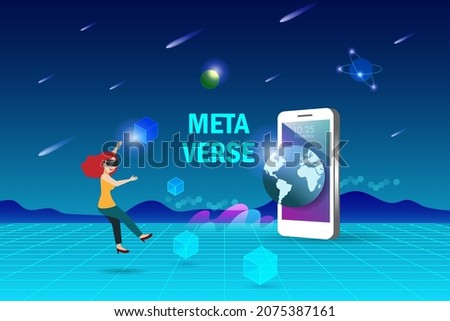 Metaverse, virtual reality and augmented reality technology. Woman wear VR goggle glass experience 3D virtual reality on smartphone with blockchain in space and universe environment interface