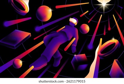 Metaverse and Virtual Reality. Banner with man wearing vr glasses and floating in cyberspace among geometric shapes. Entertainment and visual experience technology. Abstract 3D vector illustration