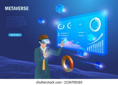 Metaverse in der virtuellen Realität Business-Arbeitsplatz-Visualisierung. Geschäftsleute erkunden 3D-Diagramm über metaverse Technologie für intelligente Analyse und bessere Lösung.