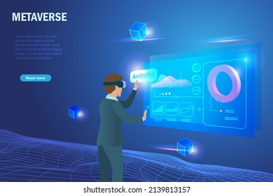 Metaverse in der virtuellen Realität Business-Arbeitsplatz-Visualisierung. Geschäftsmann nutzt intelligente AI-Analyse Analyse 3D Graphen Diagramm über metaverse Technologie, um eine bessere Lösung zu entwickeln.