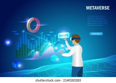 Metaverse in virtual reality business workplace visualisation. Businessman use AI smart analysis analyze 3D graph chart on metaverse interface technology to develop better solution.