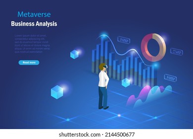 Metaverse in virtual reality business workplace visualisation. Businessman use AI smart analysis analyze 3D graph chart on metaverse interface technology to develop better solution.