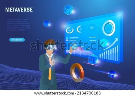 Metaverse in virtual reality business workplace visualisation. Businessman explore 3D graph chart on metaverse technology for smart analysis and better solution.