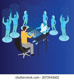 Metaverse Virtual-Reality-Schachspiel 3d-isometrische Vektorgrafik-Konzept für Banner, Website, Landing-Page, Anzeigen, Flyer-Vorlage