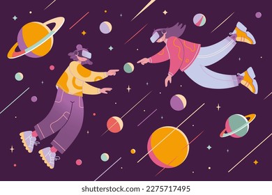 Metaverse or Virtual reality communication concept, cartoon style. Two girls in VR glasses meet, flying in outer space with planets and stars. Trendy vector illustration, hand drawn, flat design.