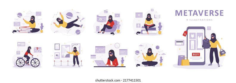 Metaverse and Virtual reality concept. Arabian women in VR glasses learning, meditating, working and doing sport. Modern technological entertainment. Set of vector illustrations in cartoon style.