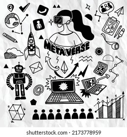Metaverse and virtual reality concept doodle style outline 