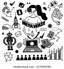 Metaverse and virtual reality concept doodle style outline 