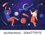 Metaverse or Virtual reality concept. Man and woman in digital glasses flying in outer space among planets and stars. Modern technological entertainment. Cartoon colorful flat vector illustration