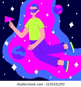 Metaverse o concepto de realidad virtual. Hombre con gafas digitales volando en el espacio exterior entre planetas y estrellas. Entretenimiento tecnológico moderno.