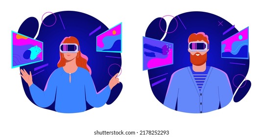 Metaverse and Virtual Reality concept. Man and woman in digital VR glasses travel in cyber space or play modern games. Innovative technologies. Cartoon flat vector set isolated on white background