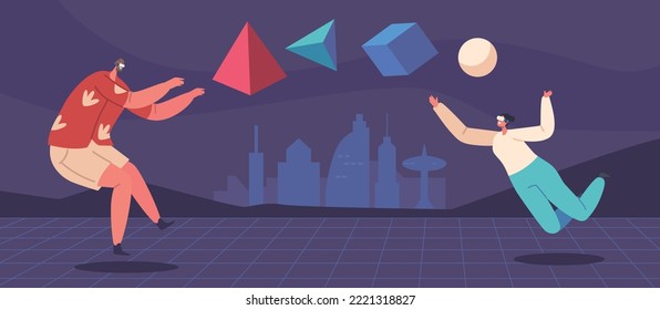 Metaverse Or Virtual Reality Concept. Man And Woman In Digital Glasses Flying In Cyber Space Among Geometric Shapes and Futuristic Skyscrapers, Modern Entertainment. Cartoon People Vector Illustration