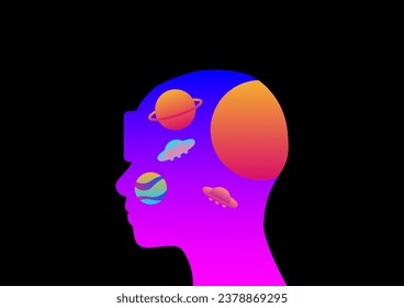 Metaverse or Virtual reality concept. Man wearing VR on the space or galaxy with a planet on black background. 