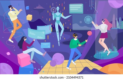 Metaverse and virtual reality concept. Men and women in digital glasses fly in outer space among the planets. Modern technologies, the future. Hand drawn vector illustration