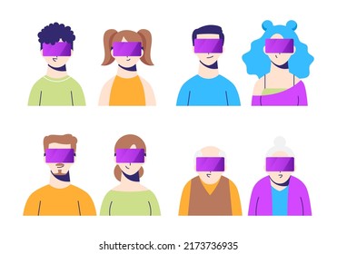 Metaverse and virtual reality concept. Set of different age people holding vr glasses. Family device. Flat vector illustration isolated on white background