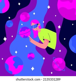 Metaverse or Virtual reality concept. Woman in digital glasses flying in outer space among planets and stars. Modern technological entertainment.
