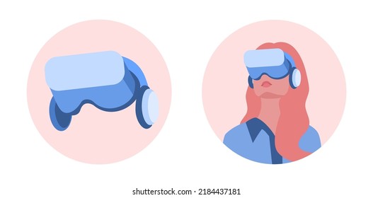 Metaverse or Virtual reality concept. Woman with glasses and a headset VR connected to the virtual space. Icon set. 