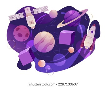 Metaverse virtual reality dimension, galaxy or space with satellites and rockets, planets and steroids. Universe exploration. Vector in flat cartoon illustration