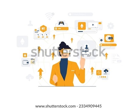 Metaverse virtual reality futuristic and dynamic universe, immersion into cyberspace digital platform. Businesswoman with glasses and a headset VR connected to the virtual space concept illustration