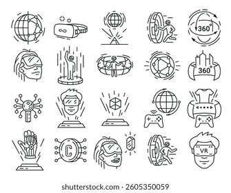 Metaverse virtual reality futuristic video game line art set vector illustration. Cyberspace entertainment global future innovation artificial intelligence digital network technology esport gaming