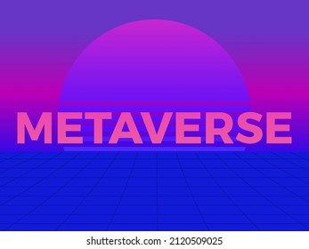 Metaverse. Virtual reality grid, retro sci-fi sunset 80s. Neon virtual reality simulation. Synthwave and retro futuristic style. Design for banners and advertising products. Vector illustration